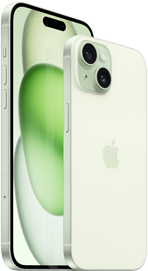 iPhone 15, vue du dos montrant le système photo avancé et le verre teinté dans la masse dans toutes les finitions : noir, bleu, vert, jaune, rose.